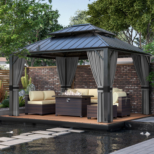12x14ft Hardtop Gazebo Double Roof, Outdoor Pavilion with 2-Layer Hard top Galvanized Iron Frame Garden Tent, Suitable for courtyards, backyards, Decks, and Grass