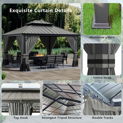 12x14ft Hardtop Gazebo Double Roof, Outdoor Pavilion with 2-Layer Hard top Galvanized Iron Frame Garden Tent, Suitable for courtyards, backyards, Decks, and Grass