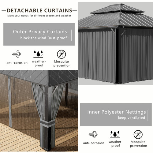 12x14ft Hardtop Gazebo Double Roof, Outdoor Pavilion with 2-Layer Hard top Galvanized Iron Frame Garden Tent, Suitable for courtyards, backyards, Decks, and Grass