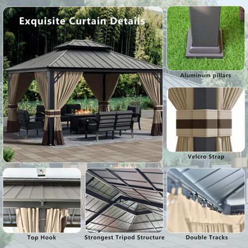 12x14ft Hardtop Gazebo Double Roof, Outdoor Pavilion with 2-Layer Hard top Galvanized Iron Frame Garden Tent, Suitable for courtyards, backyards, Decks, and Grass.