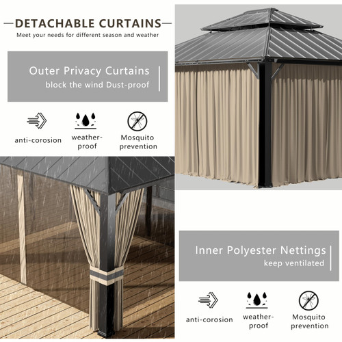 12x14ft Hardtop Gazebo Double Roof, Outdoor Pavilion with 2-Layer Hard top Galvanized Iron Frame Garden Tent, Suitable for courtyards, backyards, Decks, and Grass.