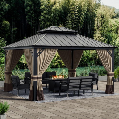 12x14ft Hardtop Gazebo Double Roof, Outdoor Pavilion with 2-Layer Hard top Galvanized Iron Frame Garden Tent, Suitable for courtyards, backyards, Decks, and Grass.