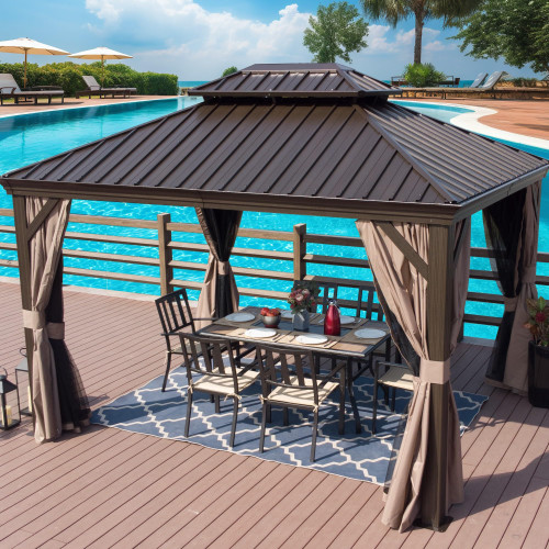 10' x 12' Hardtop Gazebo, Aluminum Frame with Galvanized Steel Double Roof, Outdoor Permanent Pavilion with Curtains and Netting for Patio, Backyard, Deck, Lawn(Brown)