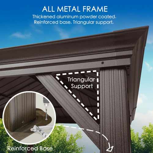 10' x 14' Hardtop Gazebo, Aluminum Frame with Galvanized Steel Double Roof, Outdoor Permanent Pavilion with Curtains and Netting for Patio, Backyard, Deck, Lawn (Brown)
