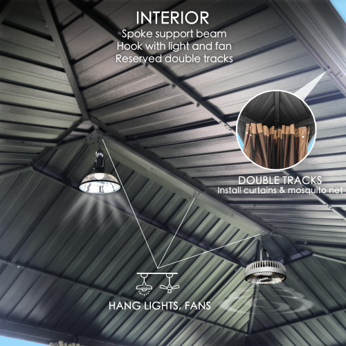 12' x 20' Hardtop Gazebo, Aluminum Frame with Galvanized Steel Double Roof, Outdoor Permanent Pavilion with Curtains and Netting for Patio, Backyard, Deck, Lawn(Gray)