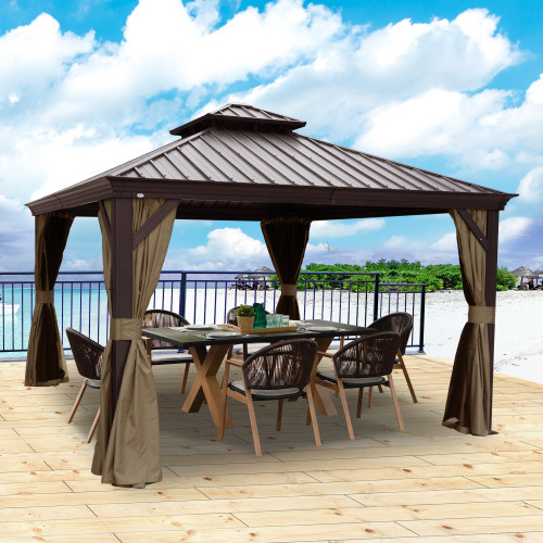 12' x 12' Hardtop Gazebo, Aluminum Frame with Galvanized Steel Double Roof, Outdoor Permanent Pavilion with Curtains and Netting for Patio, Backyard, Deck, Lawn(Brown)
