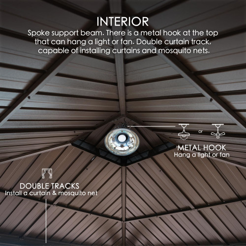 12' x 12' Hardtop Gazebo, Aluminum Frame with Galvanized Steel Double Roof, Outdoor Permanent Pavilion with Curtains and Netting for Patio, Backyard, Deck, Lawn(Brown)