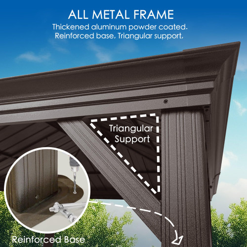 12' x 12' Hardtop Gazebo, Aluminum Frame with Galvanized Steel Double Roof, Outdoor Permanent Pavilion with Curtains and Netting for Patio, Backyard, Deck, Lawn(Brown)