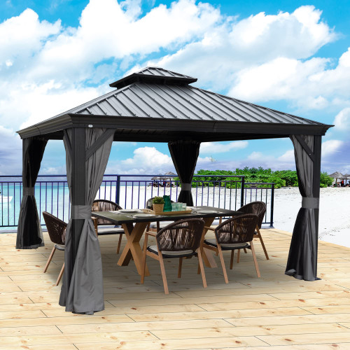 12' x 12' Hardtop Gazebo, Aluminum Frame with Galvanized Steel Double Roof, Outdoor Permanent Pavilion with Curtains and Netting for Patio, Backyard, Deck, Lawn(Gray)