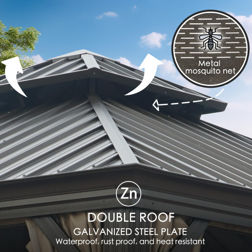 12' x 14' Hardtop Gazebo, Aluminum Frame with Galvanized Steel Double Roof, Outdoor Permanent Pavilion with Curtains and Netting for Patio, Backyard, Deck, Lawn (Gray)