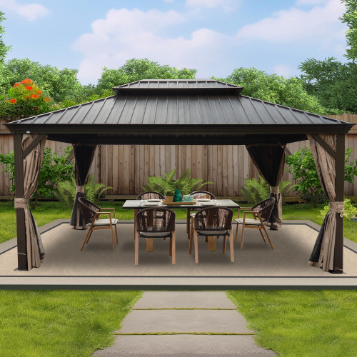 12‘ X 16’ Hardtop Aluminum Permanent Gazebo with a Mosquito Net and Privacy Sidewalls, Permanent Gazebo Pavilion for Patio, Backyard (Brown)