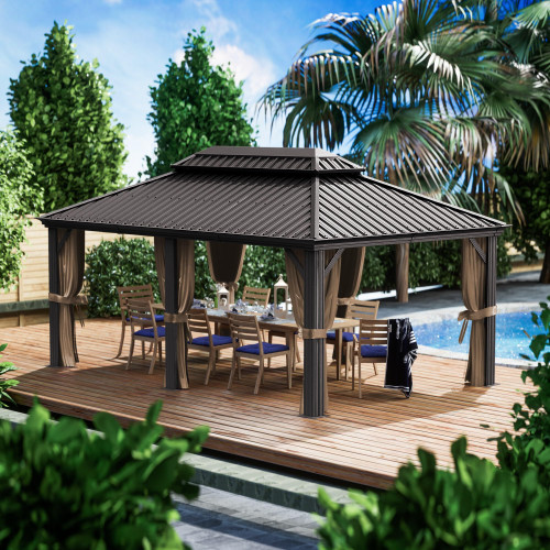 12' x 18' Hardtop Gazebo, Aluminum Frame with Galvanized Steel Double Roof, Outdoor Permanent Pavilion with Curtains and Netting for Patio, Backyard, Deck, Lawn(Brown)