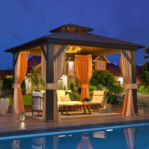 10' x 10' Hardtop Gazebo, Aluminum Frame Gazebos with Galvanized Steel Double Roof, Permanent Outdoor Metal Pavilion with Curtain and Netting for Patio, Lawn, Deck