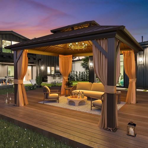 10' x 12' Hardtop Gazebo, Aluminum Frame Gazebos with Galvanized Steel Double Roof, Permanent Outdoor Metal Pavilion with Curtain and Netting for Patio, Lawn, Deck