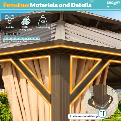 10' x 12' Hardtop Gazebo, Aluminum Frame Gazebos with Galvanized Steel Double Roof, Permanent Outdoor Metal Pavilion with Curtain and Netting for Patio, Lawn, Deck