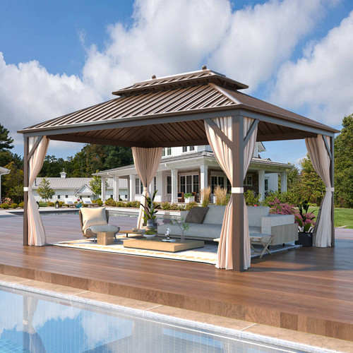 10'x13' Hardtop Gazebo Double Roof Galvanized Steel Canopy Outdoor Aluminum Frame Permanent Metal Pavilion with Netting and Curtains for Patio Backyard Deck and Lawns