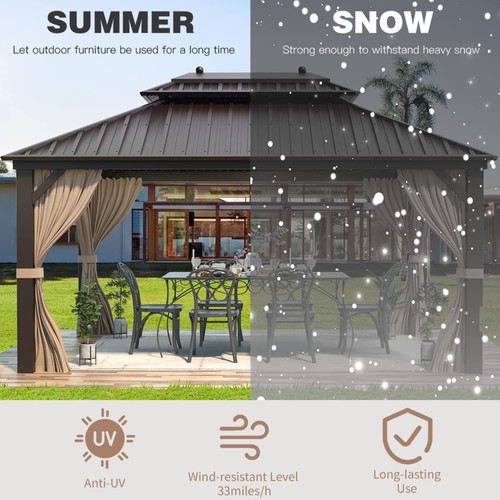 10'x13' Hardtop Gazebo Double Roof Galvanized Steel Canopy Outdoor Aluminum Frame Permanent Metal Pavilion with Netting and Curtains for Patio Backyard Deck and Lawns