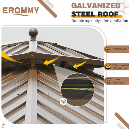 10'x13' Hardtop Gazebo Double Roof Galvanized Steel Canopy Outdoor Aluminum Frame Permanent Metal Pavilion with Netting and Curtains for Patio Backyard Deck and Lawns