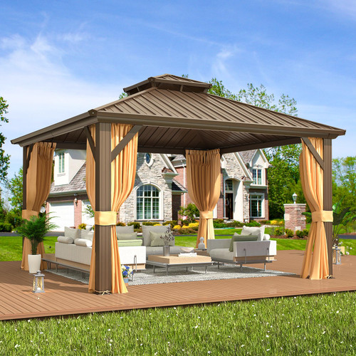 12' x 12' Hardtop Gazebo, Aluminum Frame Gazebos with Galvanized Steel Double Roof, Permanent Outdoor Metal Pavilion with Curtain and Netting for Patio, Lawn, Deck