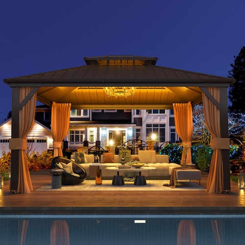 12' x 14' Hardtop Gazebo, Aluminum Frame Gazebos with Galvanized Steel Double Roof, Permanent Outdoor Metal Pavilion with Curtain and Netting for Patio, Lawn, Deck