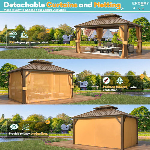 12' x 14' Hardtop Gazebo, Aluminum Frame Gazebos with Galvanized Steel Double Roof, Permanent Outdoor Metal Pavilion with Curtain and Netting for Patio, Lawn, Deck