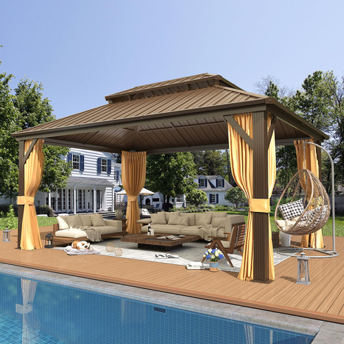 12' x 16' Hardtop Gazebo, Aluminum Frame Gazebos with Galvanized Steel Double Roof, Permanent Outdoor Metal Pavilion with Curtain and Netting for Patio, Lawn, Deck