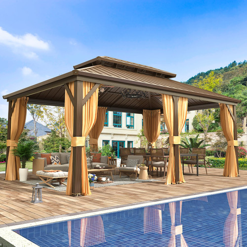 12' x 18' Hardtop Gazebo, Aluminum Frame Gazebos with Galvanized Steel Double Roof, Permanent Outdoor Metal Pavilion with Curtain and Netting for Patio, Lawn, Deck