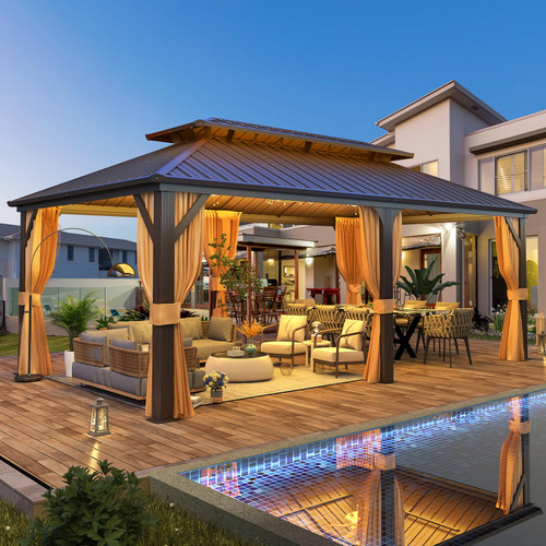 12' x 20' Hardtop Gazebo, Aluminum Frame Gazebos with Galvanized Steel Double Roof, Permanent Outdoor Metal Pavilion with Curtain and Netting for Patio, Lawn, Deck