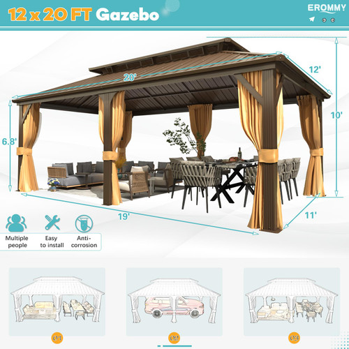 12' x 20' Hardtop Gazebo, Aluminum Frame Gazebos with Galvanized Steel Double Roof, Permanent Outdoor Metal Pavilion with Curtain and Netting for Patio, Lawn, Deck