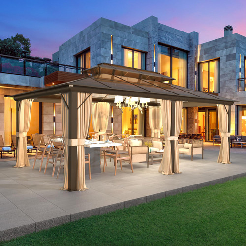 12' x 20' Gazebo Polycarbonate Double Roof Canopy with Aluminum Frame, Outdoor Permanent Metal Pavilion with Netting and Curtains for Garden Patio Lawns