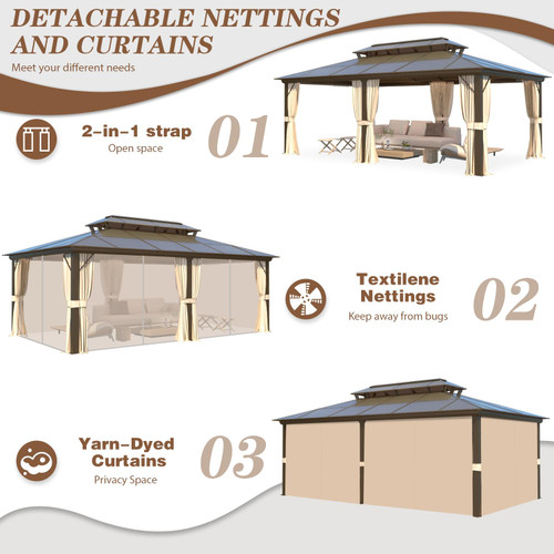 12' x 20' Gazebo Polycarbonate Double Roof Canopy with Aluminum Frame, Outdoor Permanent Metal Pavilion with Netting and Curtains for Garden Patio Lawns