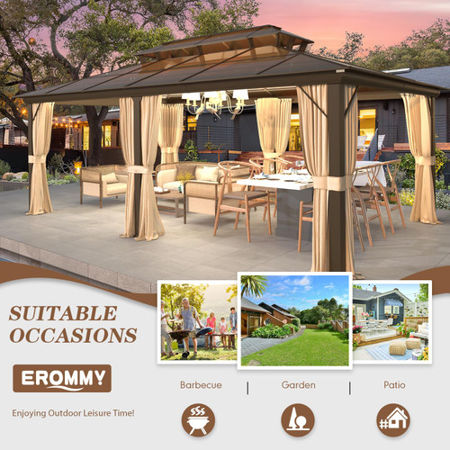 12' x 20' Gazebo Polycarbonate Double Roof Canopy with Aluminum Frame, Outdoor Permanent Metal Pavilion with Netting and Curtains for Garden Patio Lawns