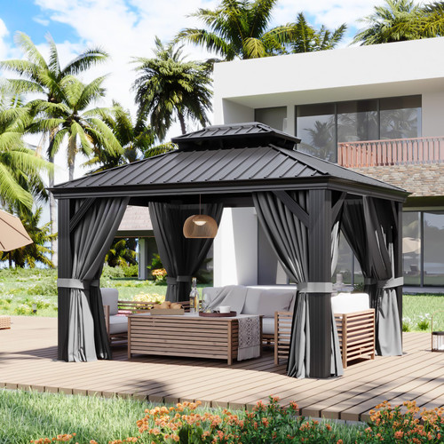 10' X 12' Hardtop Gazebo with Drainage System, Aluminum Outdoor Gazebo with Galvanized Steel Double Roof, Patio Permanent Metal Pavilion with Netting, for Garden, Deck, Grey