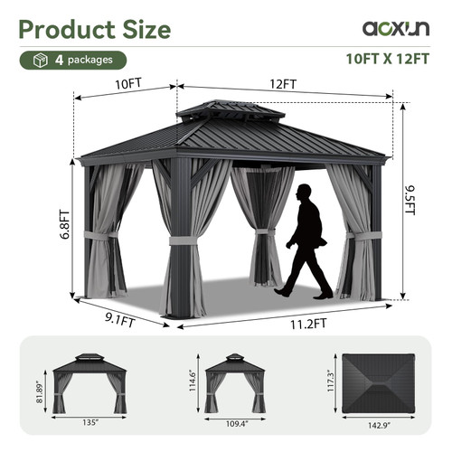 10' X 12' Hardtop Gazebo with Drainage System, Aluminum Outdoor Gazebo with Galvanized Steel Double Roof, Patio Permanent Metal Pavilion with Netting, for Garden, Deck, Grey