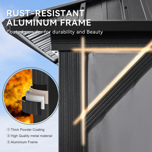 10' X 12' Hardtop Gazebo with Drainage System, Aluminum Outdoor Gazebo with Galvanized Steel Double Roof, Patio Permanent Metal Pavilion with Netting, for Garden, Deck, Grey