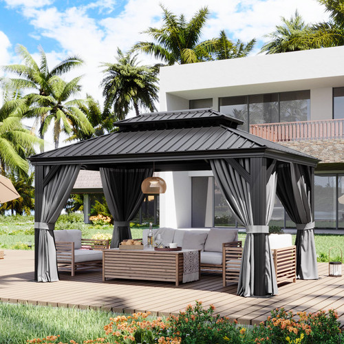 10' X 14' Hardtop Gazebo with Drainage System, Aluminum Outdoor Gazebo with Galvanized Steel Double Roof, Patio Permanent Metal Pavilion with Netting, for Garden, Deck, Grey