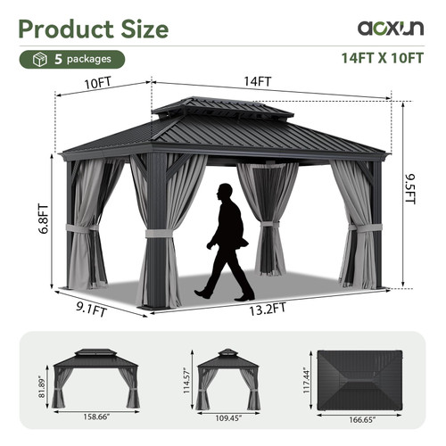 10' X 14' Hardtop Gazebo with Drainage System, Aluminum Outdoor Gazebo with Galvanized Steel Double Roof, Patio Permanent Metal Pavilion with Netting, for Garden, Deck, Grey