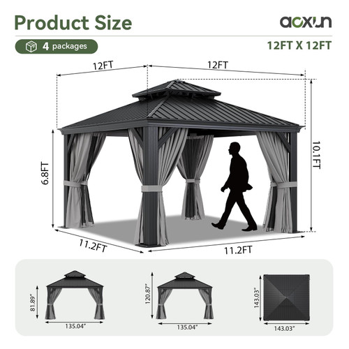 12' X 12' Hardtop Gazebo with Drainage System, Aluminum Outdoor Gazebo with Galvanized Steel Double Roof, Patio Permanent Metal Pavilion with Netting, for Garden, Deck, Grey