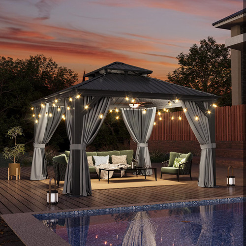 12' X 12' Hardtop Gazebo with Drainage System, Aluminum Outdoor Gazebo with Galvanized Steel Double Roof, Patio Permanent Metal Pavilion with Netting, for Garden, Deck, Grey