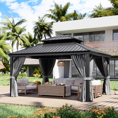 12' X 14' Hardtop Gazebo with Drainage System, Aluminum Outdoor Gazebo with Galvanized Steel Double Roof, Patio Permanent Metal Pavilion with Curtain and Netting, for Backyard, Deck, Grey