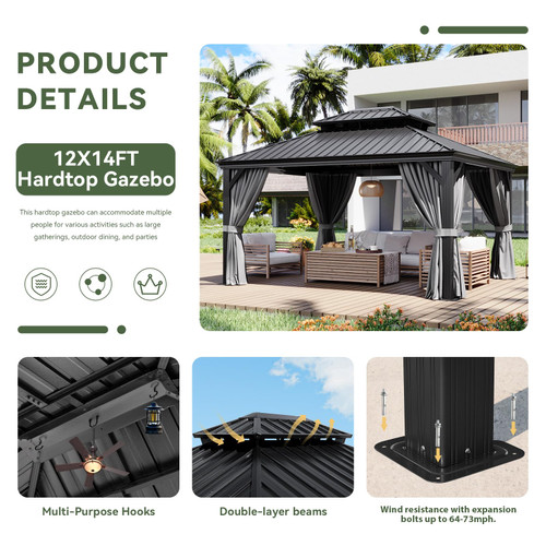 12' X 14' Hardtop Gazebo with Drainage System, Aluminum Outdoor Gazebo with Galvanized Steel Double Roof, Patio Permanent Metal Pavilion with Curtain and Netting, for Backyard, Deck, Grey
