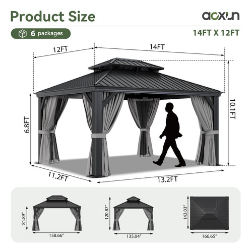 12' X 14' Hardtop Gazebo with Drainage System, Aluminum Outdoor Gazebo with Galvanized Steel Double Roof, Patio Permanent Metal Pavilion with Curtain and Netting, for Backyard, Deck, Grey