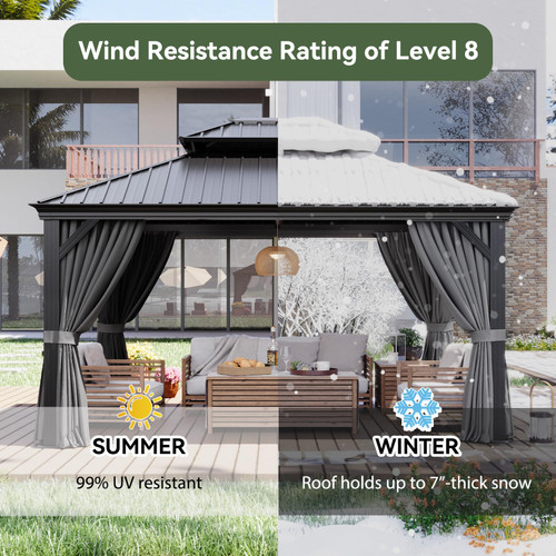 12' X 14' Hardtop Gazebo with Drainage System, Aluminum Outdoor Gazebo with Galvanized Steel Double Roof, Patio Permanent Metal Pavilion with Curtain and Netting, for Backyard, Deck, Grey