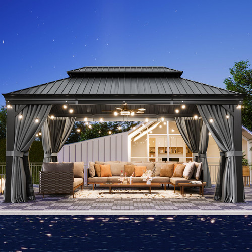12' X 16' Permanent Hardtop Gazebo Aluminum Gazebo with Galvanized Steel Double Roof for Patio Lawn and Garden, Curtains and Netting Included, Grey