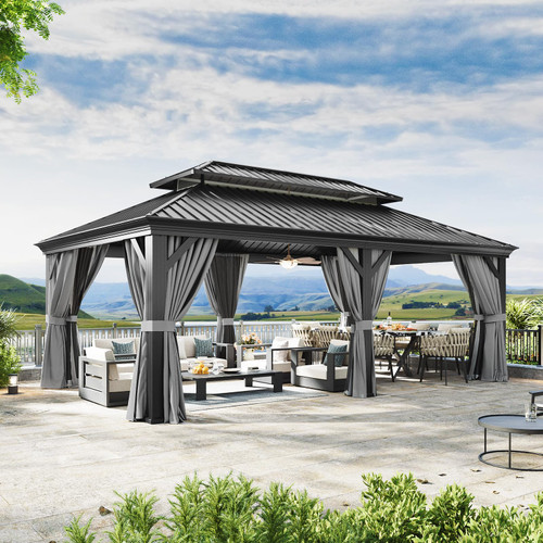 12' X 20' Hardtop Gazebo, Aluminum Outdoor Gazebo with Galvanized Steel Double Roof, Patio Permanent Metal Pavilion with Netting, for Garden, Deck, Grey, Square Foundation