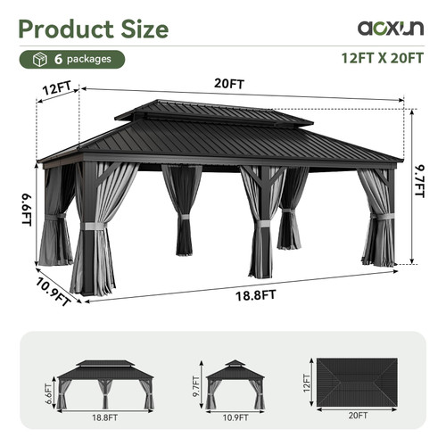 12' X 20' Hardtop Gazebo, Aluminum Outdoor Gazebo with Galvanized Steel Double Roof, Patio Permanent Metal Pavilion with Netting, for Garden, Deck, Grey, Square Foundation