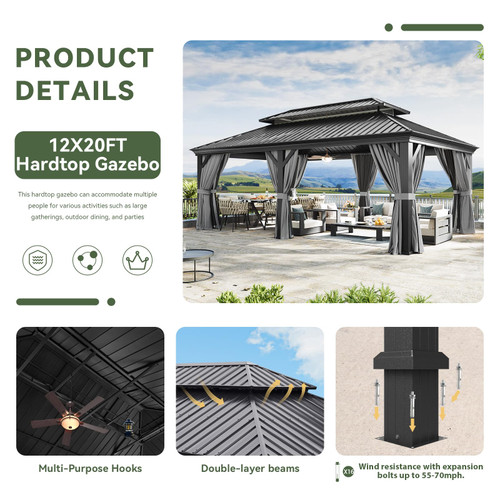 12' X 20' Hardtop Gazebo, Aluminum Outdoor Gazebo with Galvanized Steel Double Roof, Patio Permanent Metal Pavilion with Netting, for Garden, Deck, Grey, Square Foundation