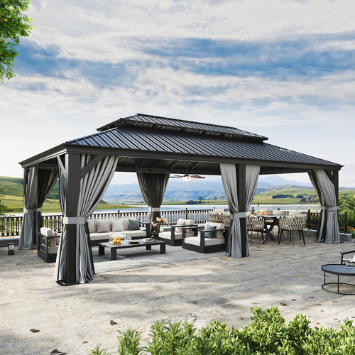 14' X 24' Hardtop Gazebo with Drainage System, Aluminum Outdoor Gazebo with Galvanized Steel Double Roof, Patio Permanent Metal Pavilion with Netting, for Garden, Deck, Grey