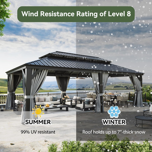 14' X 24' Hardtop Gazebo with Drainage System, Aluminum Outdoor Gazebo with Galvanized Steel Double Roof, Patio Permanent Metal Pavilion with Netting, for Garden, Deck, Grey