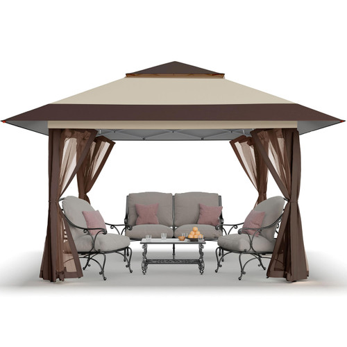 11x11 Pop Up Gazebo, Patented One Push Outoor Canopy Tent with Wheeled STO-N-Go Cover Bag, Pop Up Canopy with Netting for Patio, Backyard (11x11, Beige & Coffee)